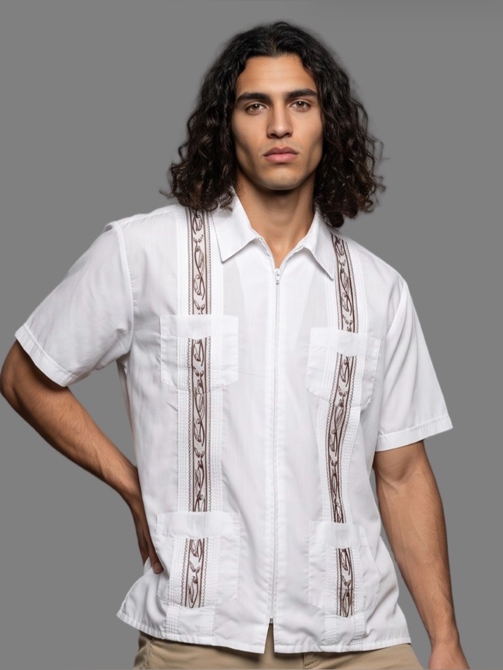 Haband Guayabera Full Zip White Brown Casual Shirt Short sleeve Collar Pockets